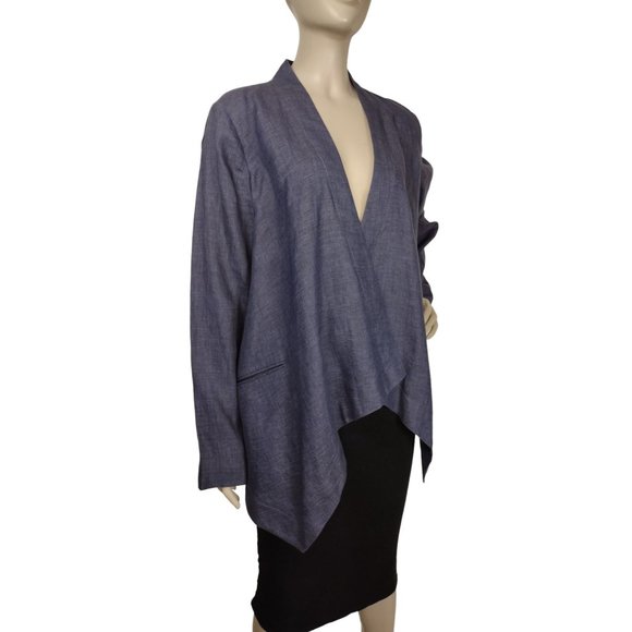 Talbots Blue 100% Linen Draped Open Front Waterfall Topper Jacket Size 10 - Picture 5 of 9